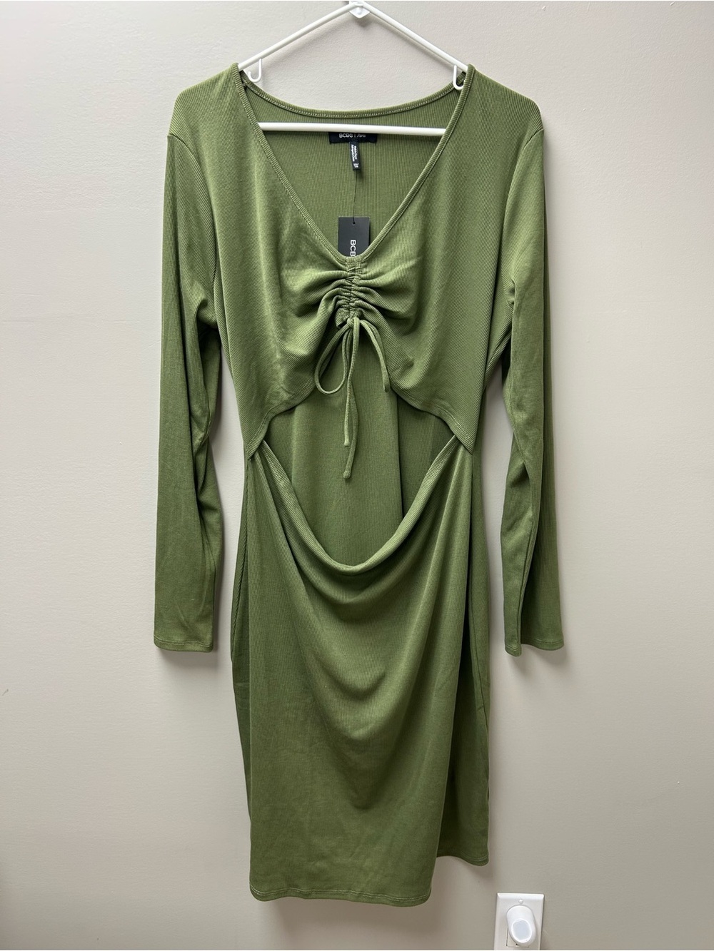 BCBG Paris Loden Green Ribbed V Neck Cut Out Long Sleeve Maxi Dress